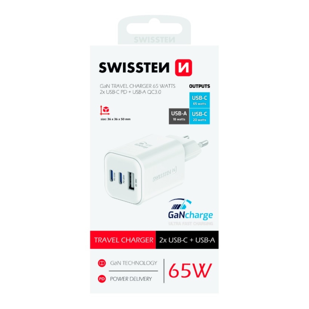 Swissten GaN töltő 2x USB-C 65W PD + 1x USB-A 18W QC - fehér