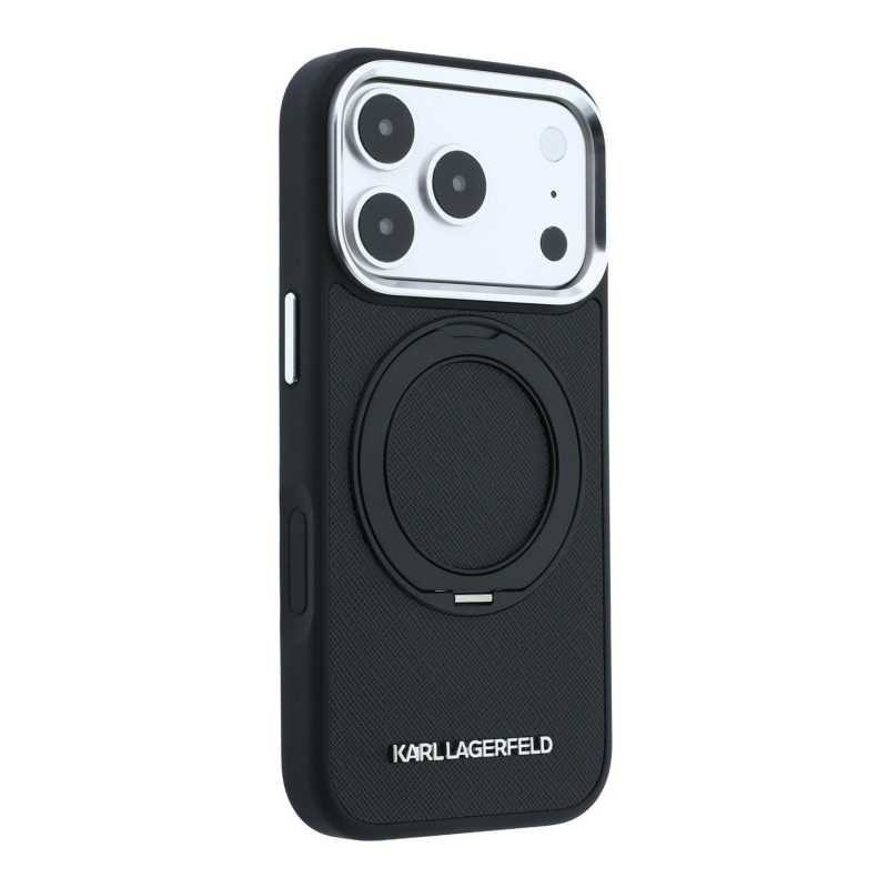 Karl Lagerfeld PU Saffiano gyűrűs állványos MagSafe hátsó tok iPhone 18 Pro Max-hoz, fekete
