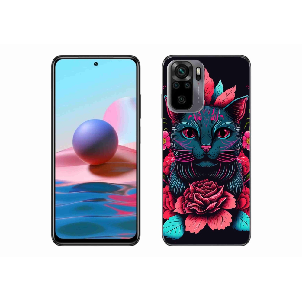 Gél borító mmCase a Xiaomi Poco M5s készülékhez - virágok és macska