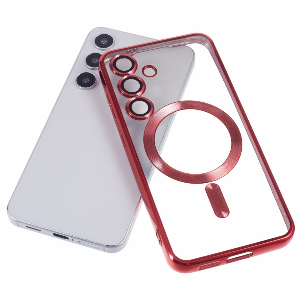 Átlátszó tok kameravédelemmel és MagSafe támogatással Samsung Galaxy S25 készülékhez - piros