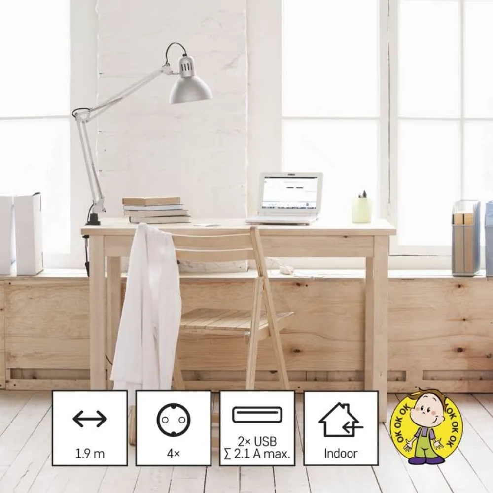 Hosszabbító kábel - kocka 1,9 m / 4 aljzat / fehér / PVC / USB-vel / 1,5 mm2