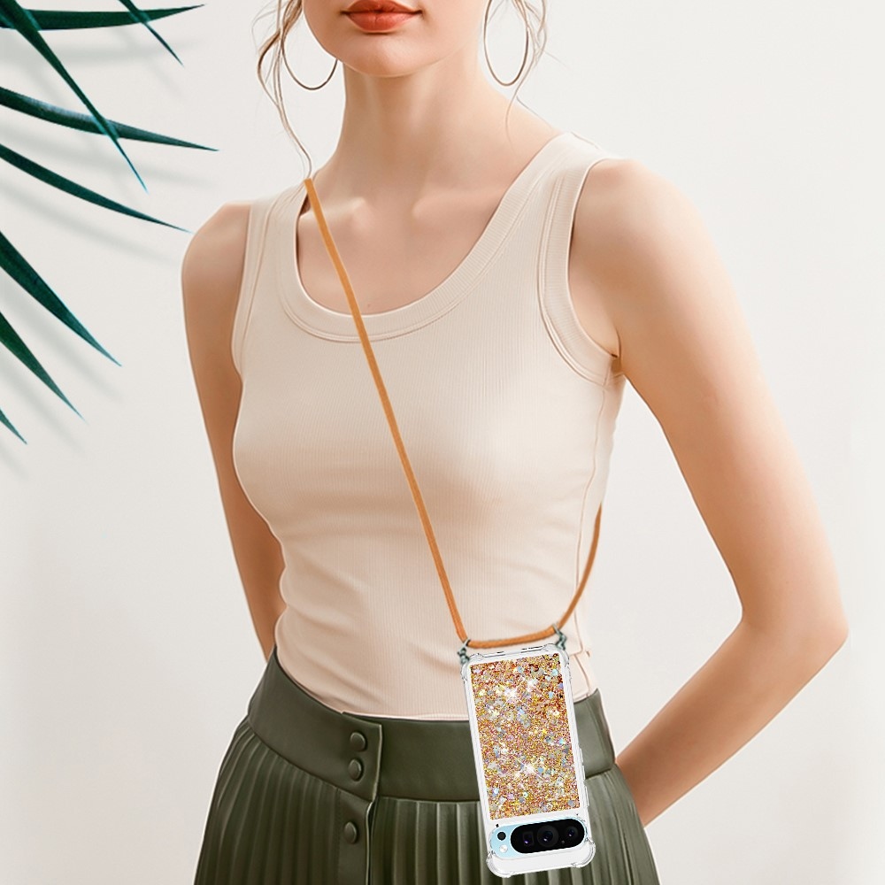 Csillogó homokóra zselés tok húzózsinórral Google Pixel 10 Pro/Pixel 10 - arany/szív