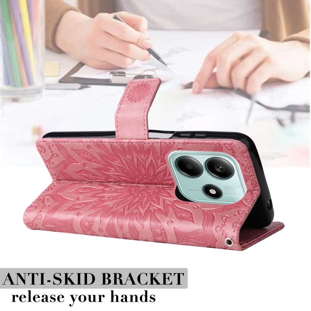 Napraforgó könyv tok a Xiaomi Redmi Note 14 5G-hez - rózsaszínű