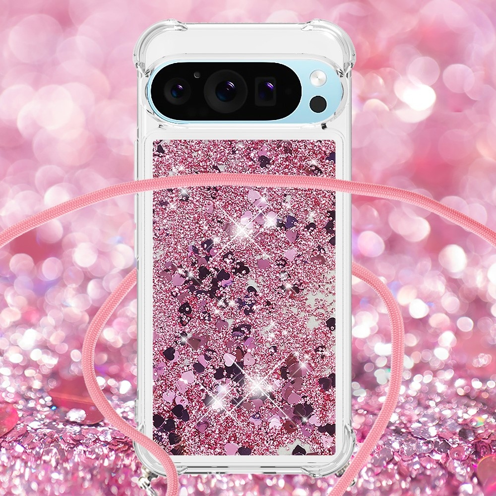 Csillogó homokóra zselés tok húzózsinórral Google Pixel 10 Pro/Pixel 10 - rózsaarany/szív