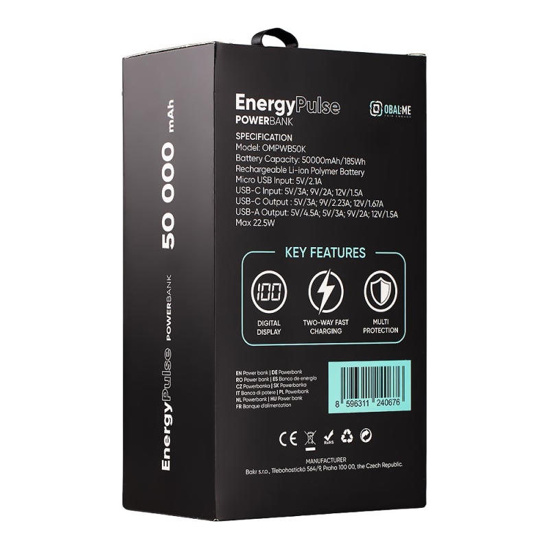 Csomag:ME EnergyPulse Powerbank 50000mAh 22.5W fekete