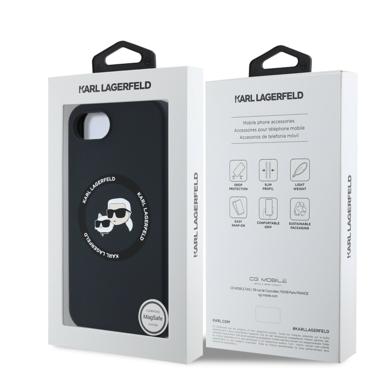 Karl Lagerfeld Liquid Silicone K&CH Heads MagSafe hátlapi borító iPhone 16e/17e készülékhez Fekete