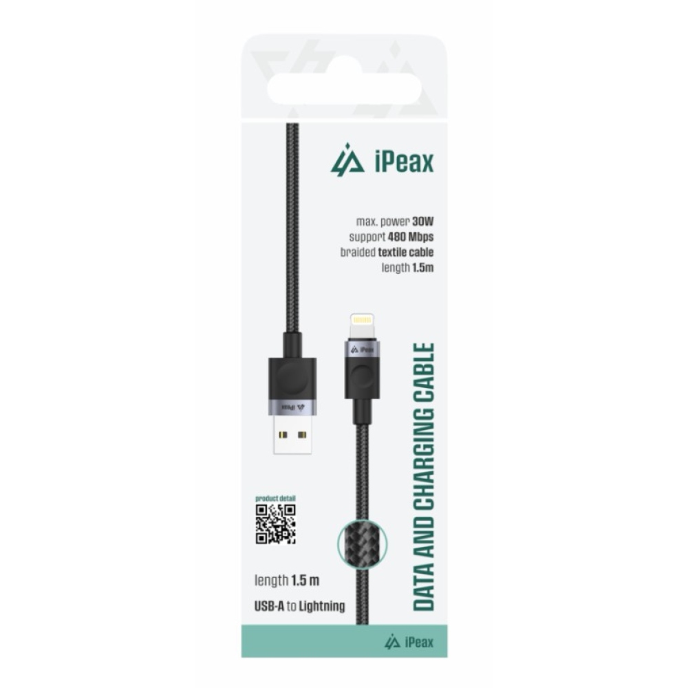 iPEAX Textil kábel USB-A / villám 1,5 m, USB 2.0 - fekete