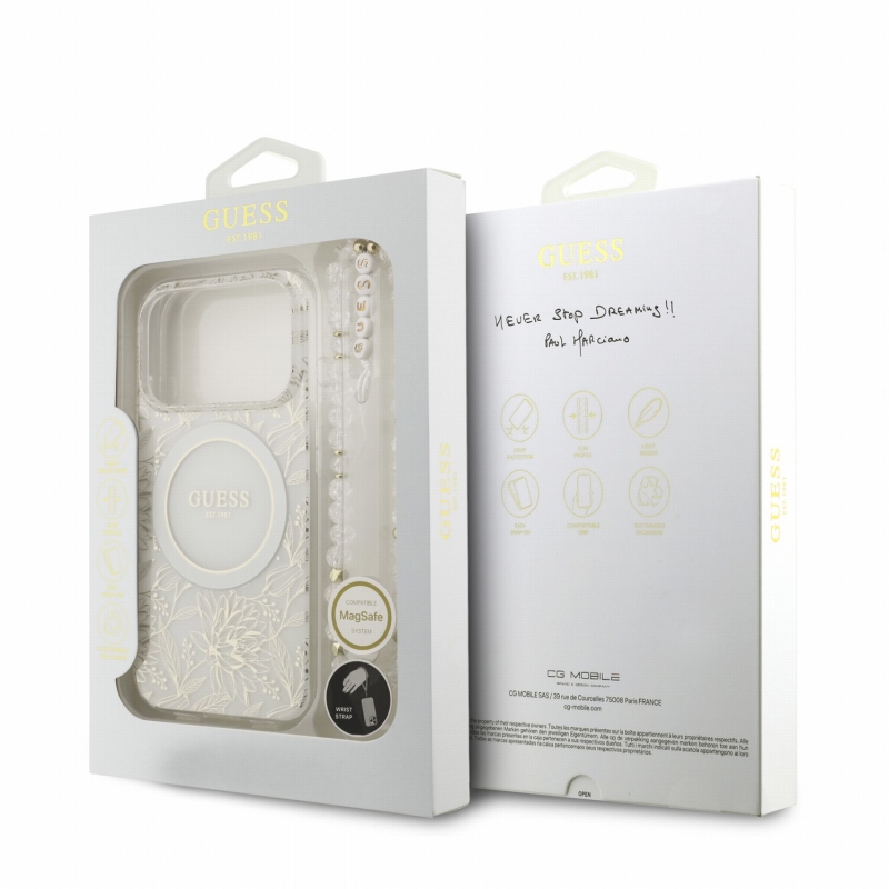 Guess IML Flowers Allover Strap MagSafe hátsó tok iPhone 18 Pro-hoz, fehér