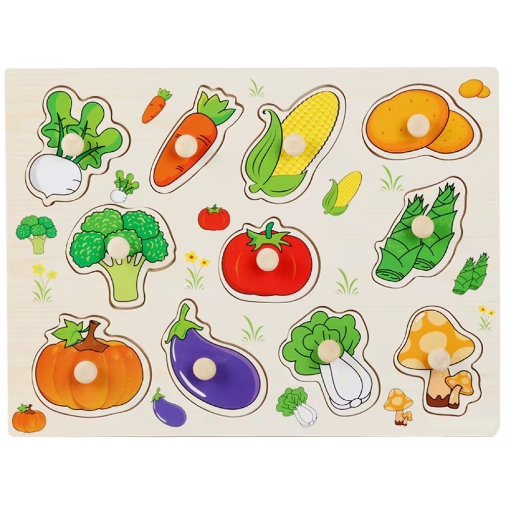 Fából készült gyermek puzzle fogantyúval - zöldségek