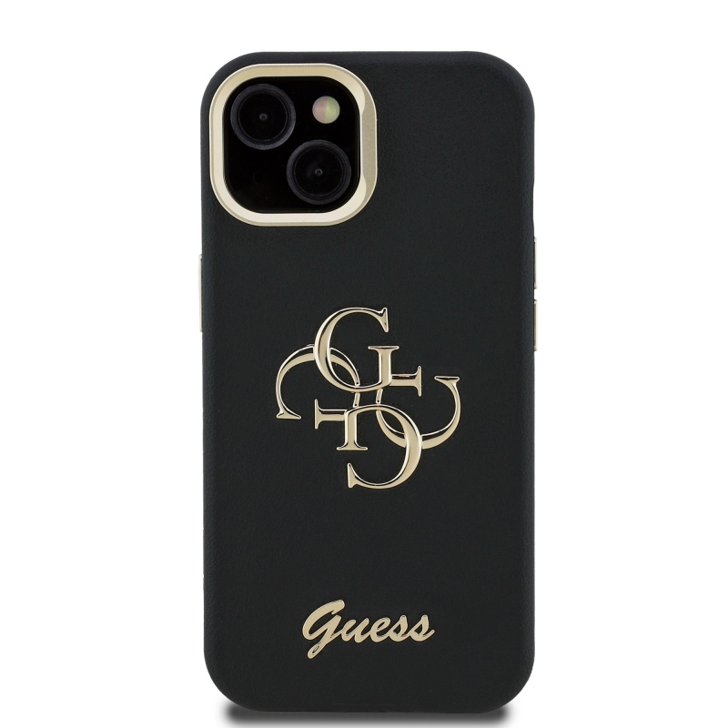 Guess PU szemcsés 4G Logo Stand Kamera keret hátlapi borító iPhone 15 Fekete