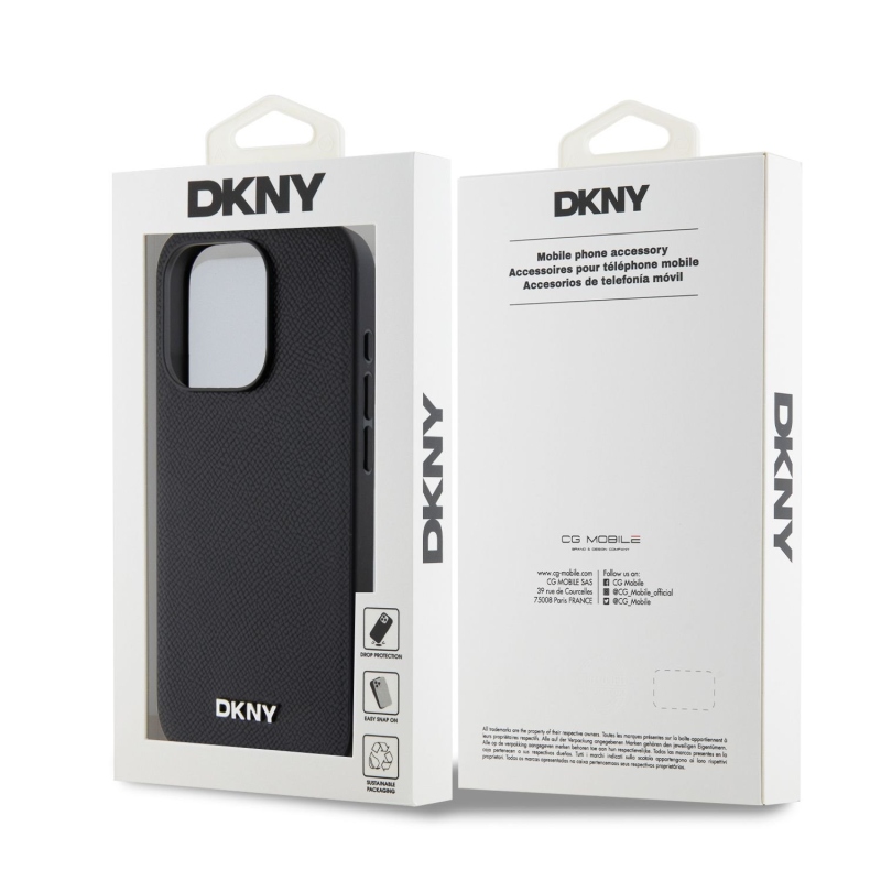 DKNY PU bőr ezüst fém logó Magsafe hátlap iPhone 15 Pro Fekete
