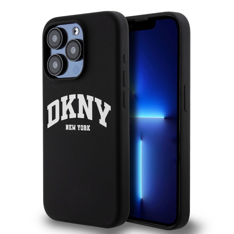 DKNY Liquid Silicone Arch Logo MagSafe hátlapi borító iPhone 15 Pro-hoz Fekete
