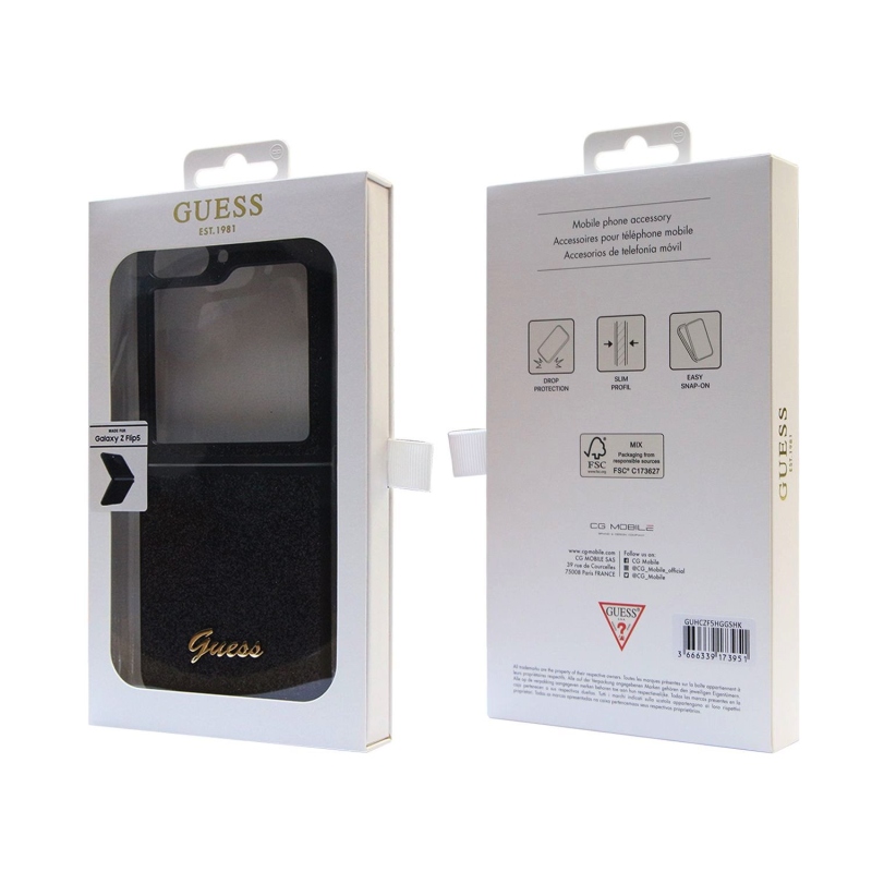 Guess PC/TPU Glitter Flakes Metal Logo hátlap Samsung Galaxy Z Flip 5 Fekete fekete