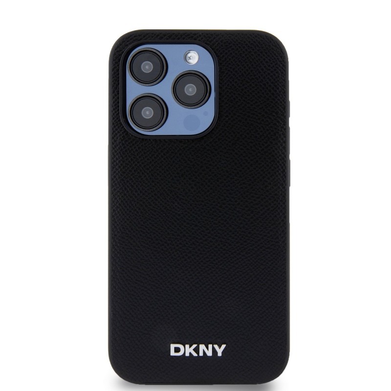 DKNY PU bőr ezüst fém logó Magsafe hátlap iPhone 15 Pro Max-hoz Fekete