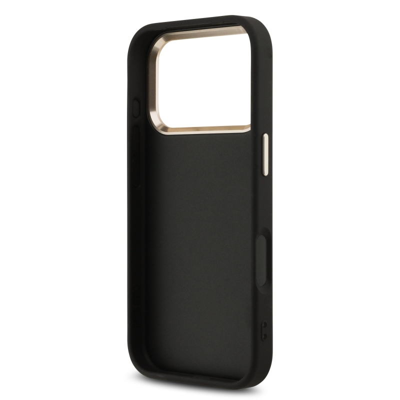 Guess PU Fixed Glitter 4G fémkeret hátsó borító iPhone 17 Pro Fekete