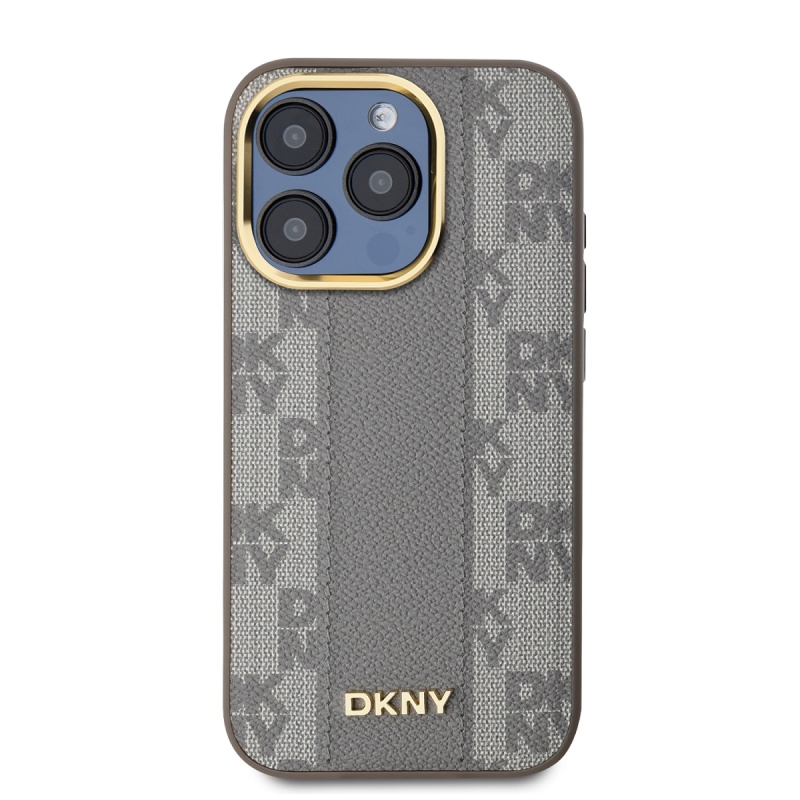 DKNY PU bőr kockás mintás Magsafe hátsó borító iPhone 15 Pro bézs színű készülékhez