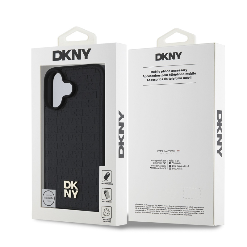 DKNY PU bőr Ismétlődő mintás Stack Logo MagSafe hátlap iPhone 16 Plus-hoz Fekete