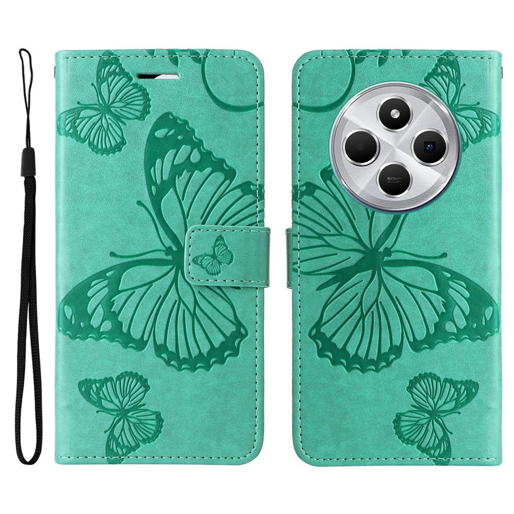 Nagy pillangó könyv tok a Xiaomi Redmi 14C/Poco C75-hez - teal színű