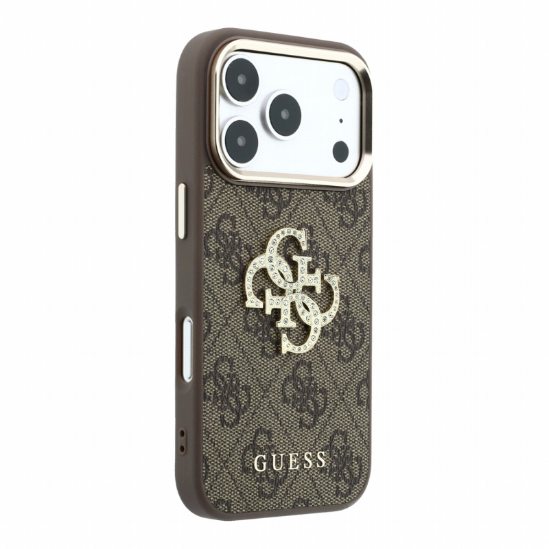 Guess PU 4G Strass Metal Logo hátsó tok iPhone 18 Pro-hoz, barna