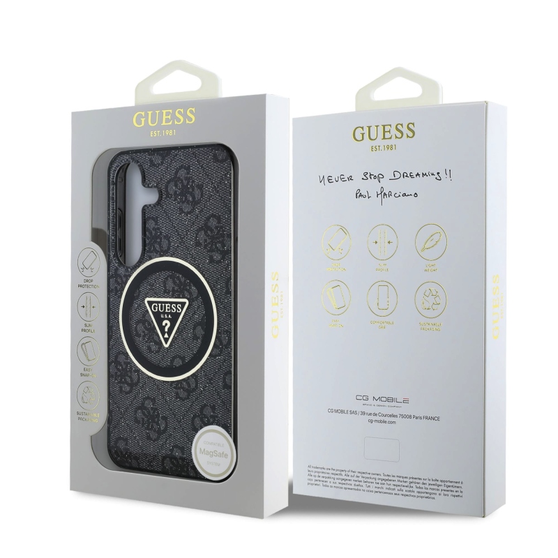 Guess IML 4G csillogó és háromszög logóval ellátott MagSafe hátlap Samsung Galaxy S25+ Fekete