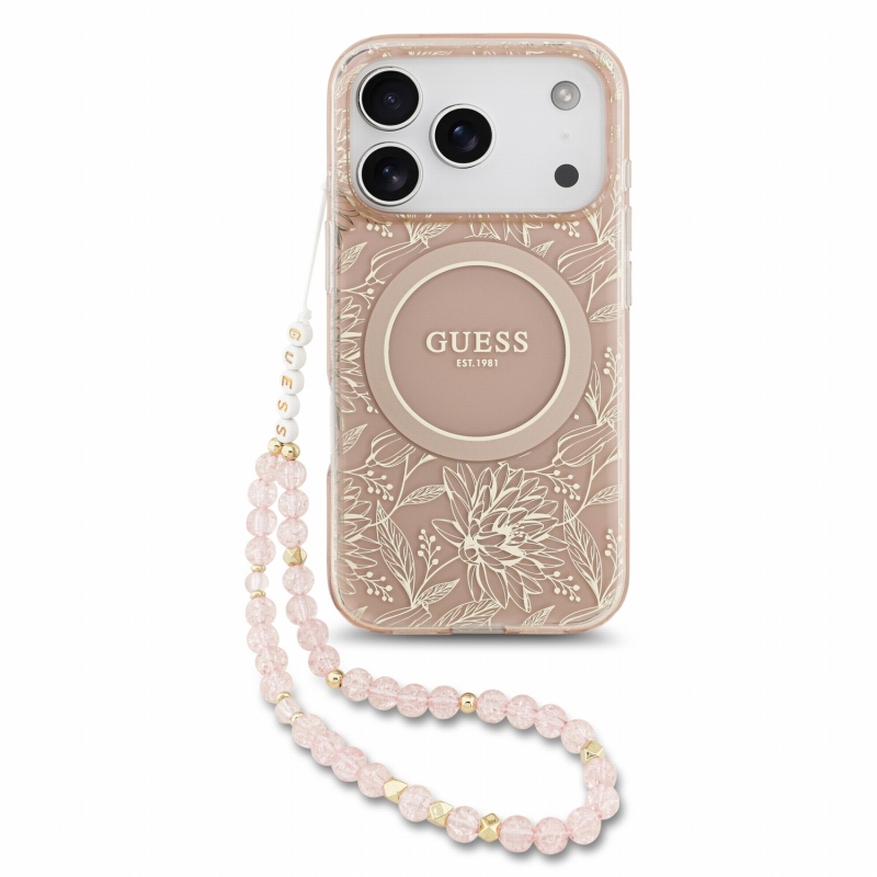Guess IML Flowers Allover Strap MagSafe hátsó tok iPhone 18 Pro-hoz, rózsaszín