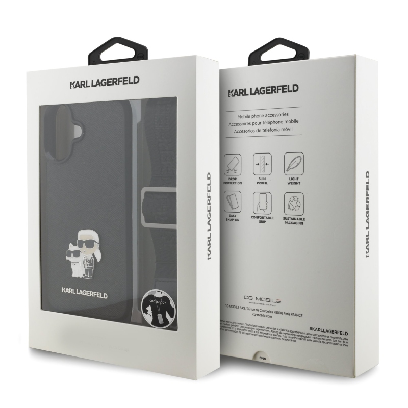 Karl Lagerfeld Saffiano Crossbody Strap Metal Karl és Choupette hátlapi borító iPhone 17 Fekete