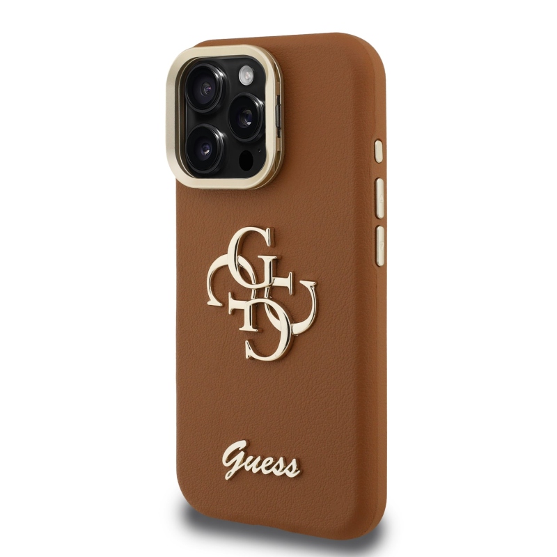 Guess PU szemcsés 4G Logo Stand Kamera keret hátlapi borító iPhone 15 Pro barna barna