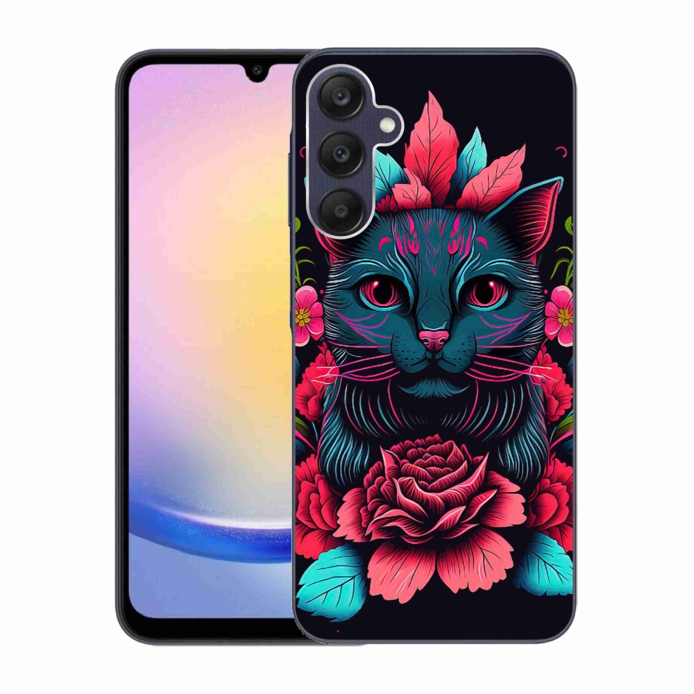 Gél borítás mmCase Samsung Galaxy A25 5G - virágok és macska