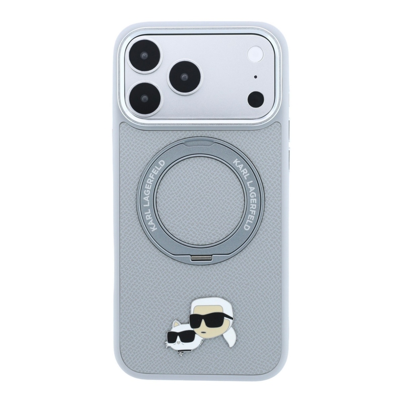 Karl Lagerfeld PU Grained K&CH Heads Ring Stand Magsafe hátsó tok iPhone 18 Pro-hoz, szürke