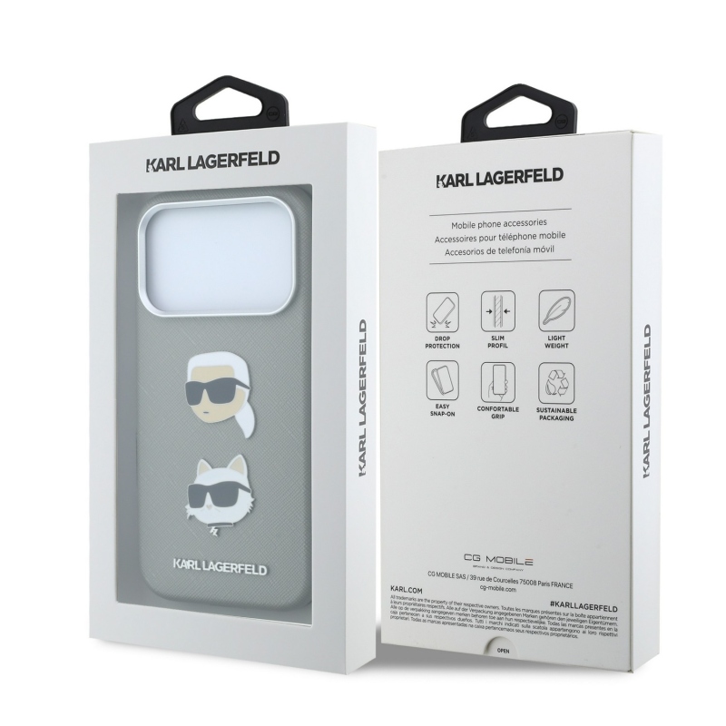 Karl Lagerfeld PU Semi Wrap Saffiano K&CH Heads hátsó tok iPhone 18 Pro Max-hoz, szürke