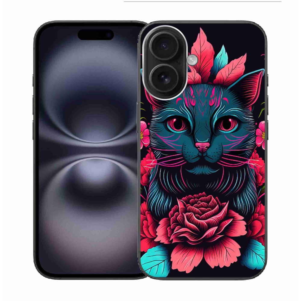 Gél borítás mmCase iPhone 16 készülékhez - virágok és macska