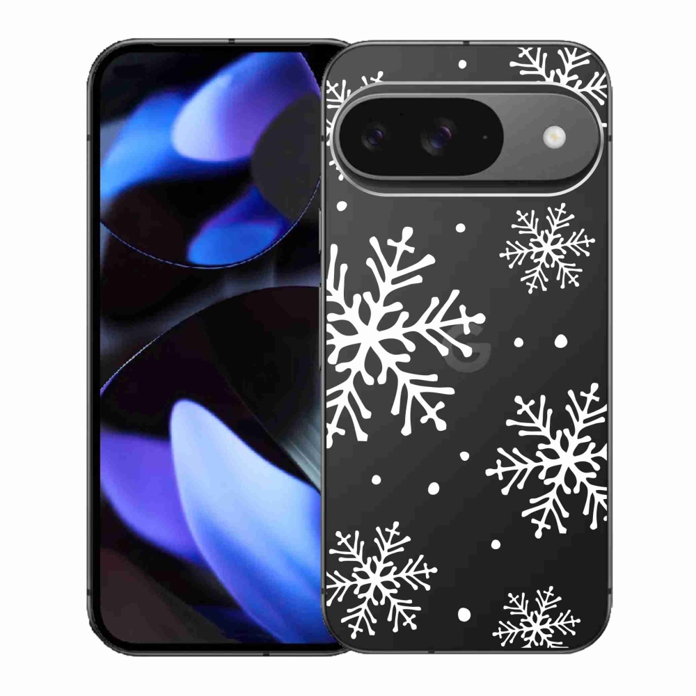 Zselés borítás mmCase a Google Pixel 9/9 Pro számára - fehér pelyhek átlátszó háttéren