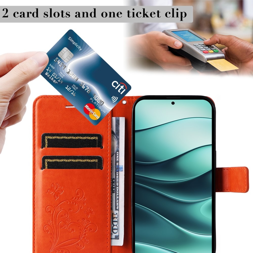 Nagy pillangó könyv tok Xiaomi Redmi Note 14 5G - narancssárga színben