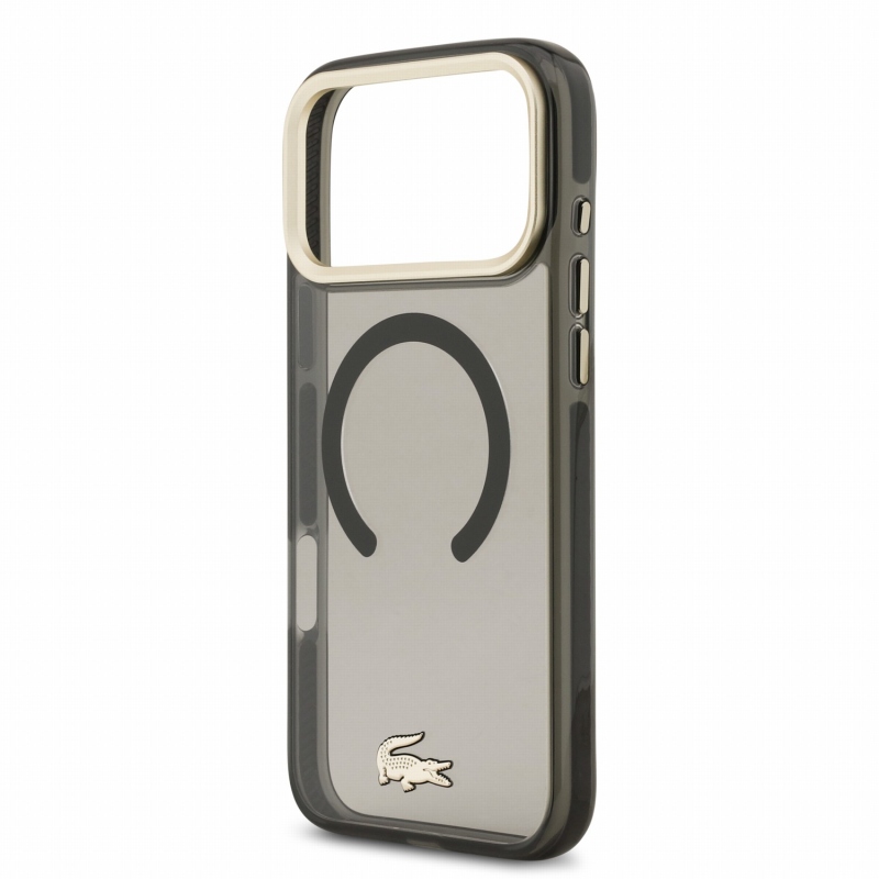 Lacoste IML ütésálló Petit Pique arany logós MagSafe hátsó tok iPhone 18 Pro Max-hoz, fekete