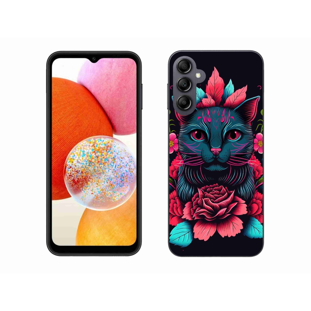 Gél borítás mmCase Samsung Galaxy A14 4G/5G - virágok és macska