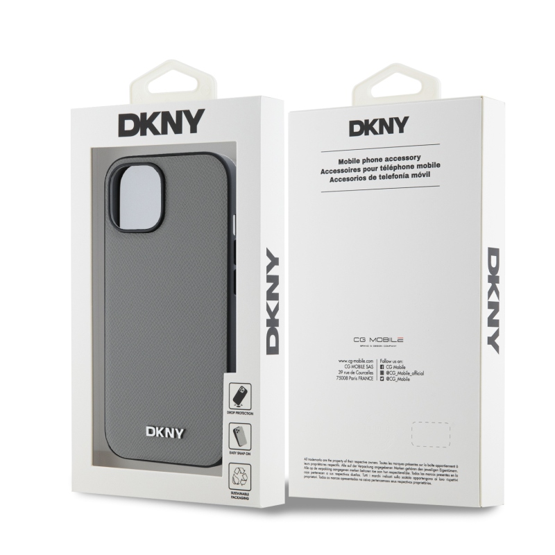 DKNY PU bőr ezüst fém logó Magsafe hátlap iPhone 15 szürke