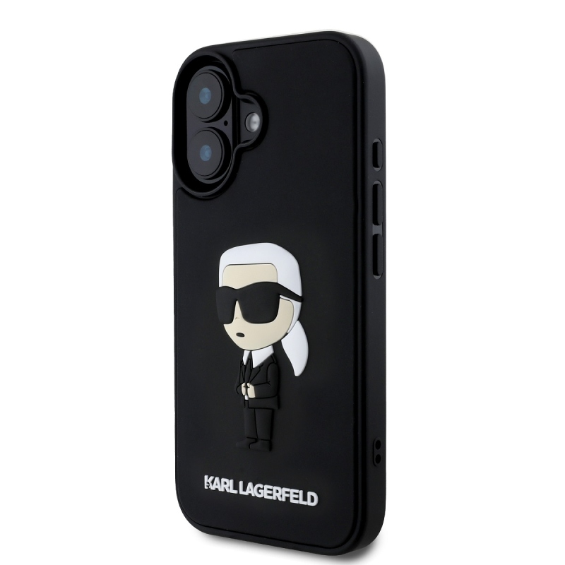 Karl Lagerfeld 3D gumi Ikonik hátlap iPhone 16-hoz Fekete