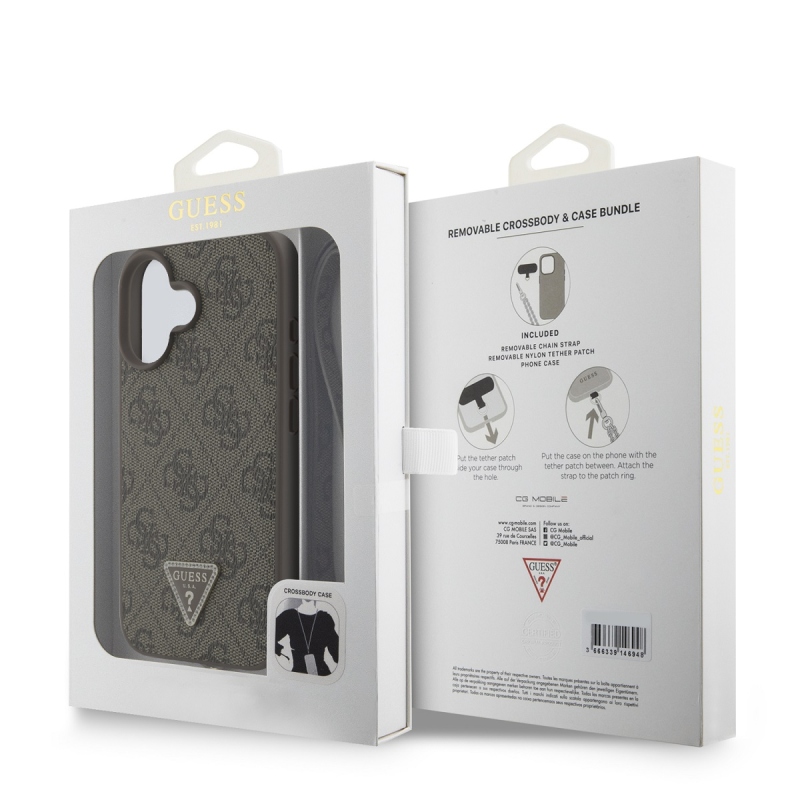 Guess PU 4G Strass háromszög fém logó hátlap + Keresztpánt iPhone 16 barna 16-hoz barna