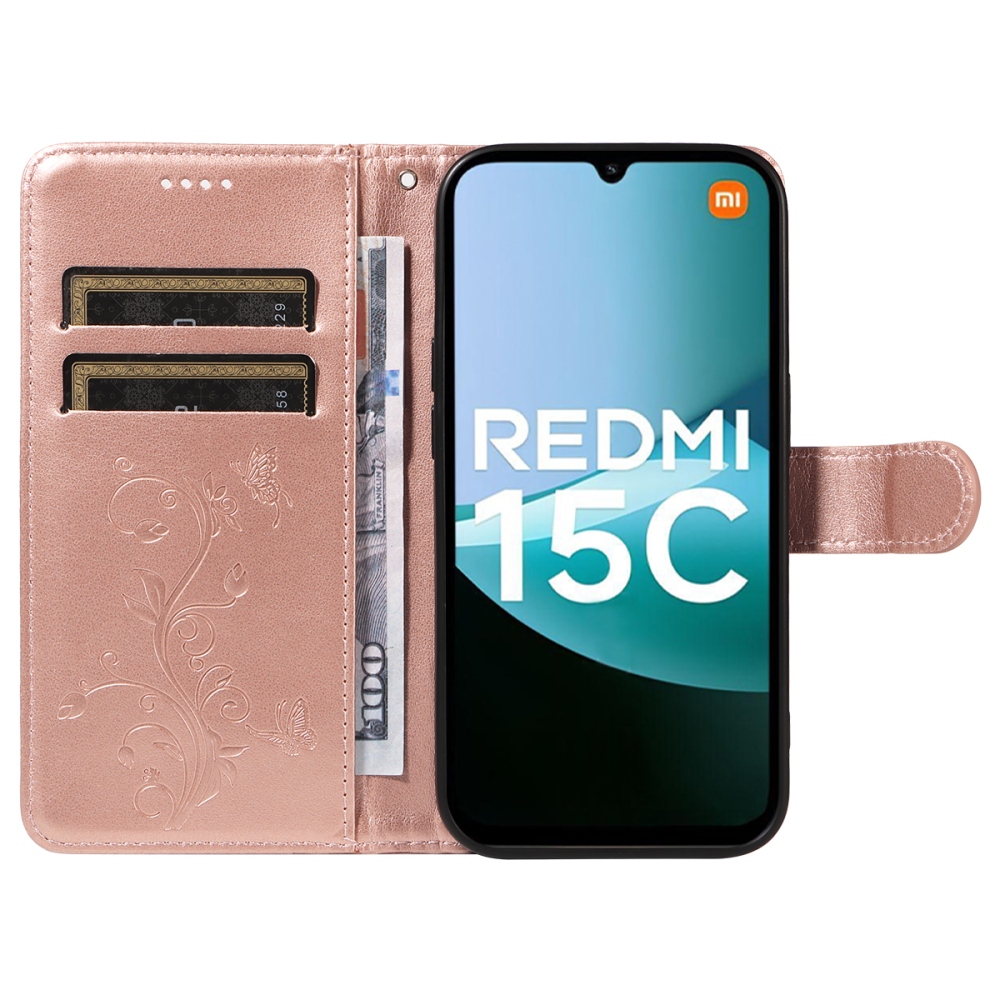 Virágok könyv tok Xiaomi Redmi 15C 4G/5G (173mm) - rózsa arany