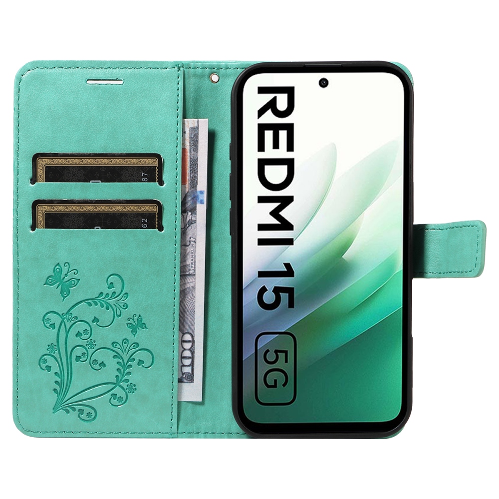 Nagy pillangó könyv tok Xiaomi Redmi 15 4G (171mm) - teáskék színben