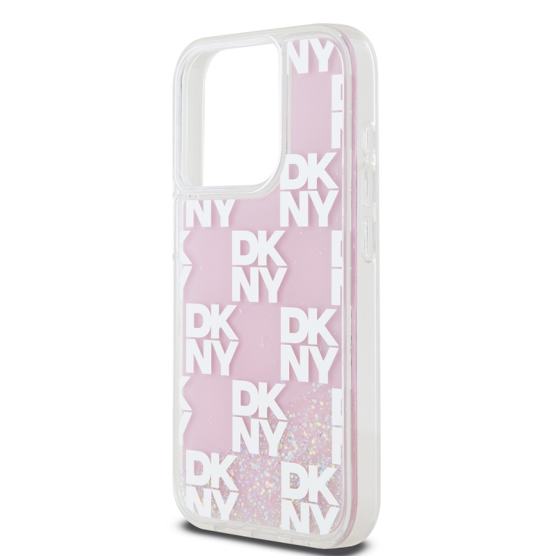 DKNY Liquid Glitter Checkered Pattern hátlapi borító iPhone 15 Pro rózsaszínhez