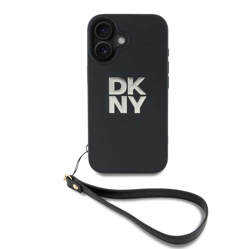 DKNY PU bőr Stack Logo csuklópánt hátlapi borító iPhone 16-hoz Fekete