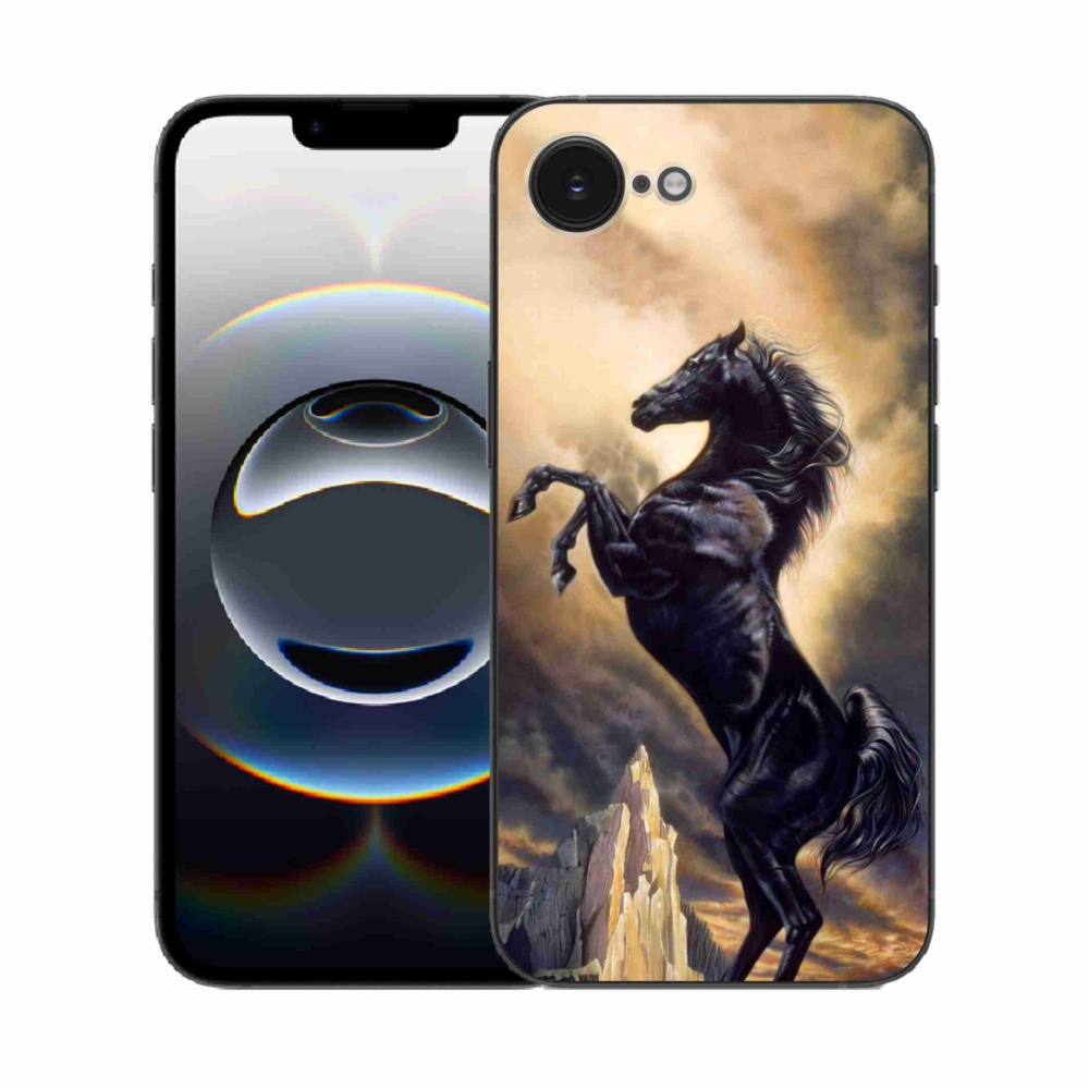 Zselés borítás mmCase iPhone 16e készülékhez - fekete rajzfilm ló