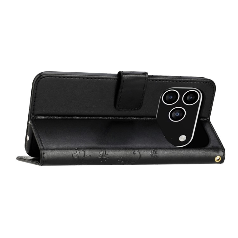 Virágok könyvtáska iPhone 17 Pro készülékhez - fekete