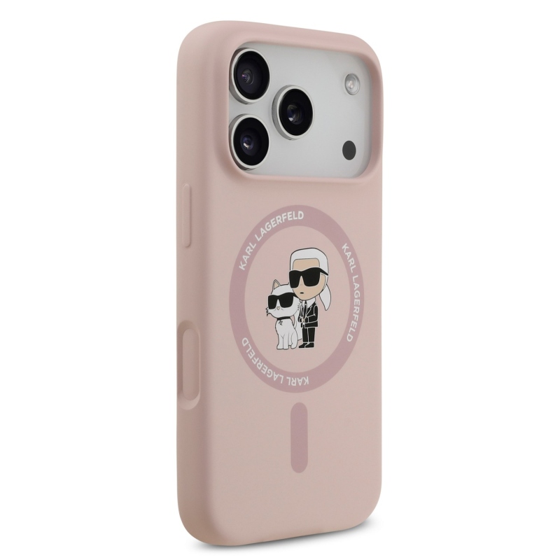 Karl Lagerfeld Liquid Silicone Karl és Choupette MagSafe hátsó tok iPhone 18 Pro-hoz, rózsaszín
