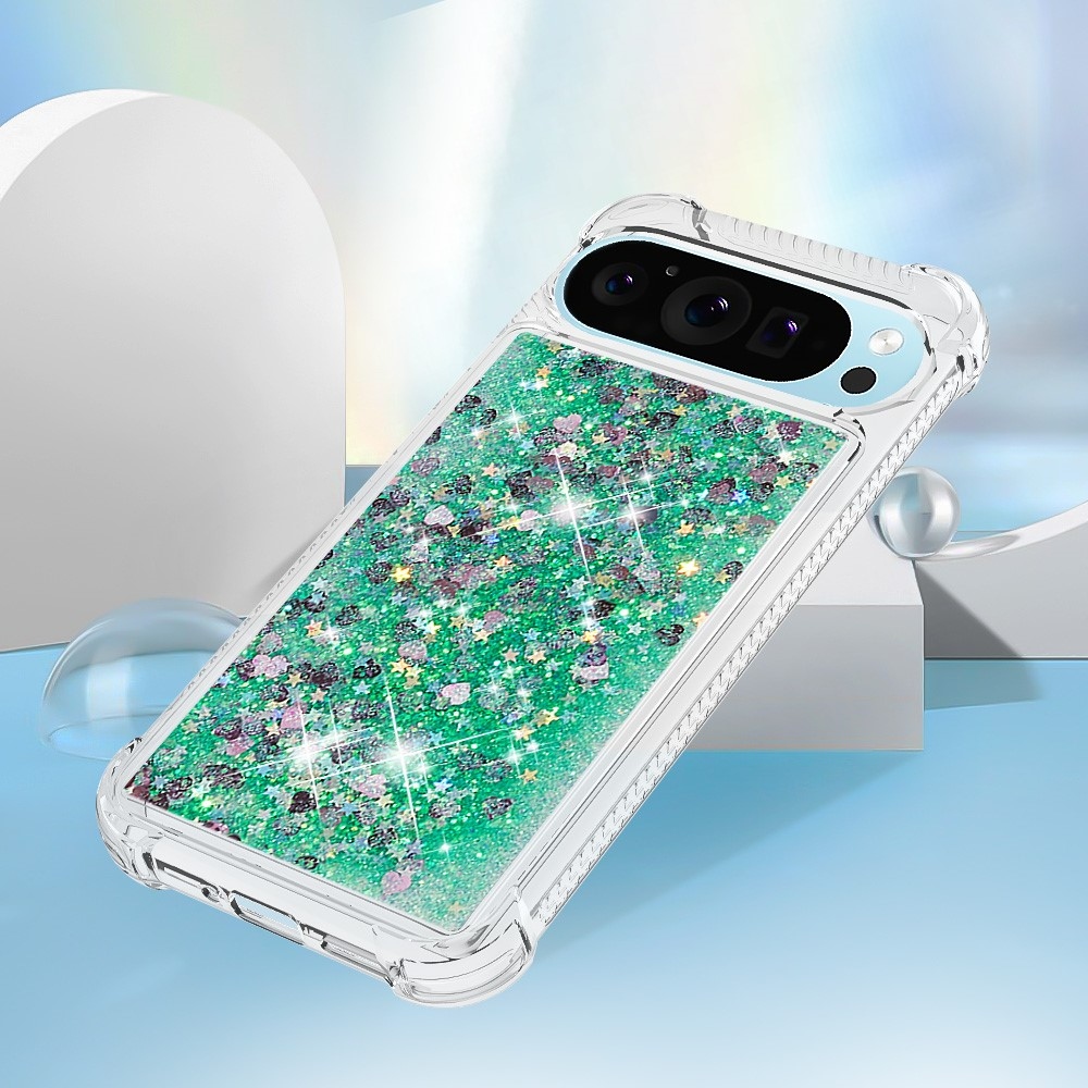 Csillogó homokóra zselés tok Google Pixel 10 Pro XL-hez - zöld/szív