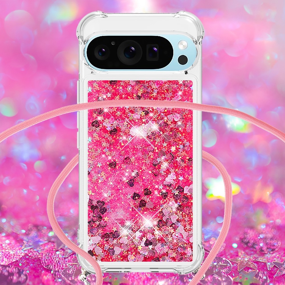 Csillogó homokóra zselés tok húzózsinórral Google Pixel 10 Pro/Pixel 10 - rózsaszín/szív