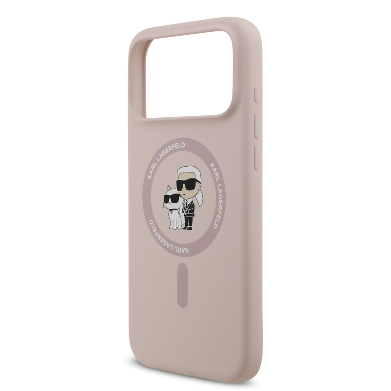 Karl Lagerfeld folyékony szilikon Karl és Choupette MagSafe hátlapi borító iPhone 17 Pro Max rózsaszínhez