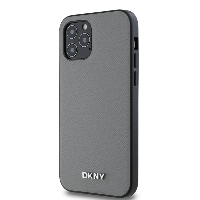 DKNY PU bőr ezüst fém logó Magsafe hátlap iPhone 12/12 Pro szürke szürkéhez
