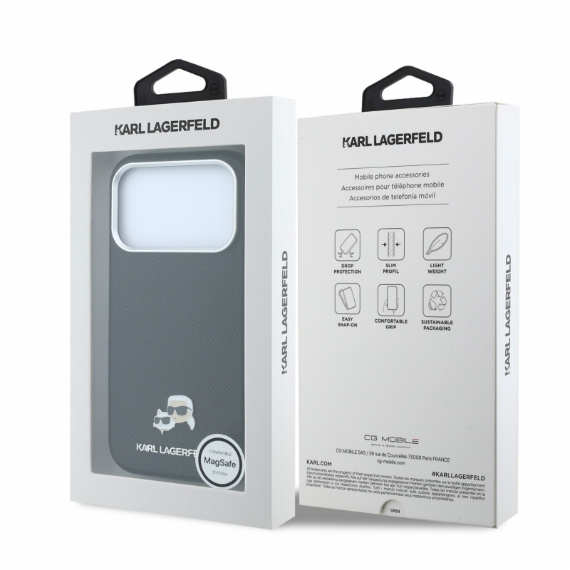 Karl Lagerfeld PU Grained Semi Wrap K&CH Heads Magsafe hátsó tok iPhone 18 Pro-hoz, fekete